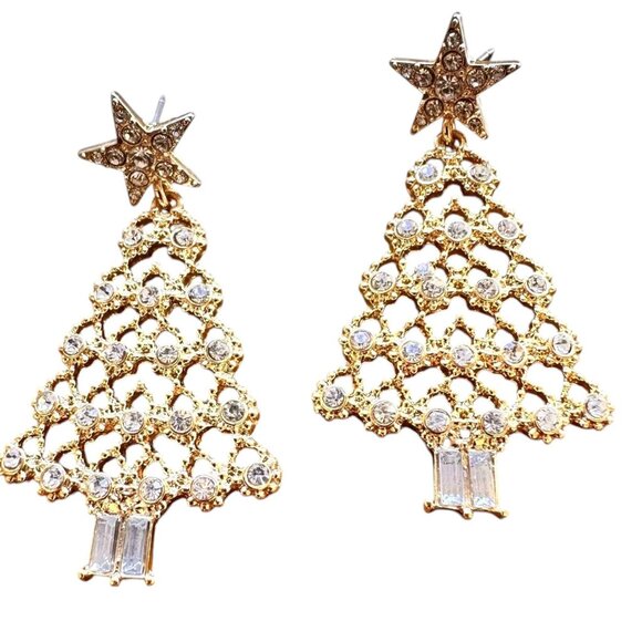 NYC Rockefeller Christmas Tree Earrings Clear Crystals Dangle Star Posts… - Picture 6 of 12